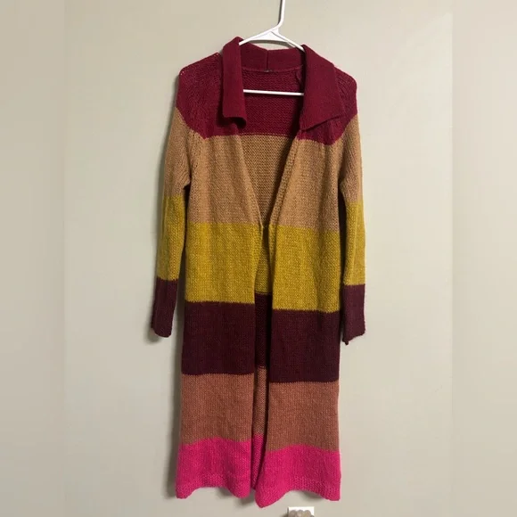 Free People Over Rainbow Striped Long Duster Cardigan Mohair Blend Size Medium - Picture 2 of 8